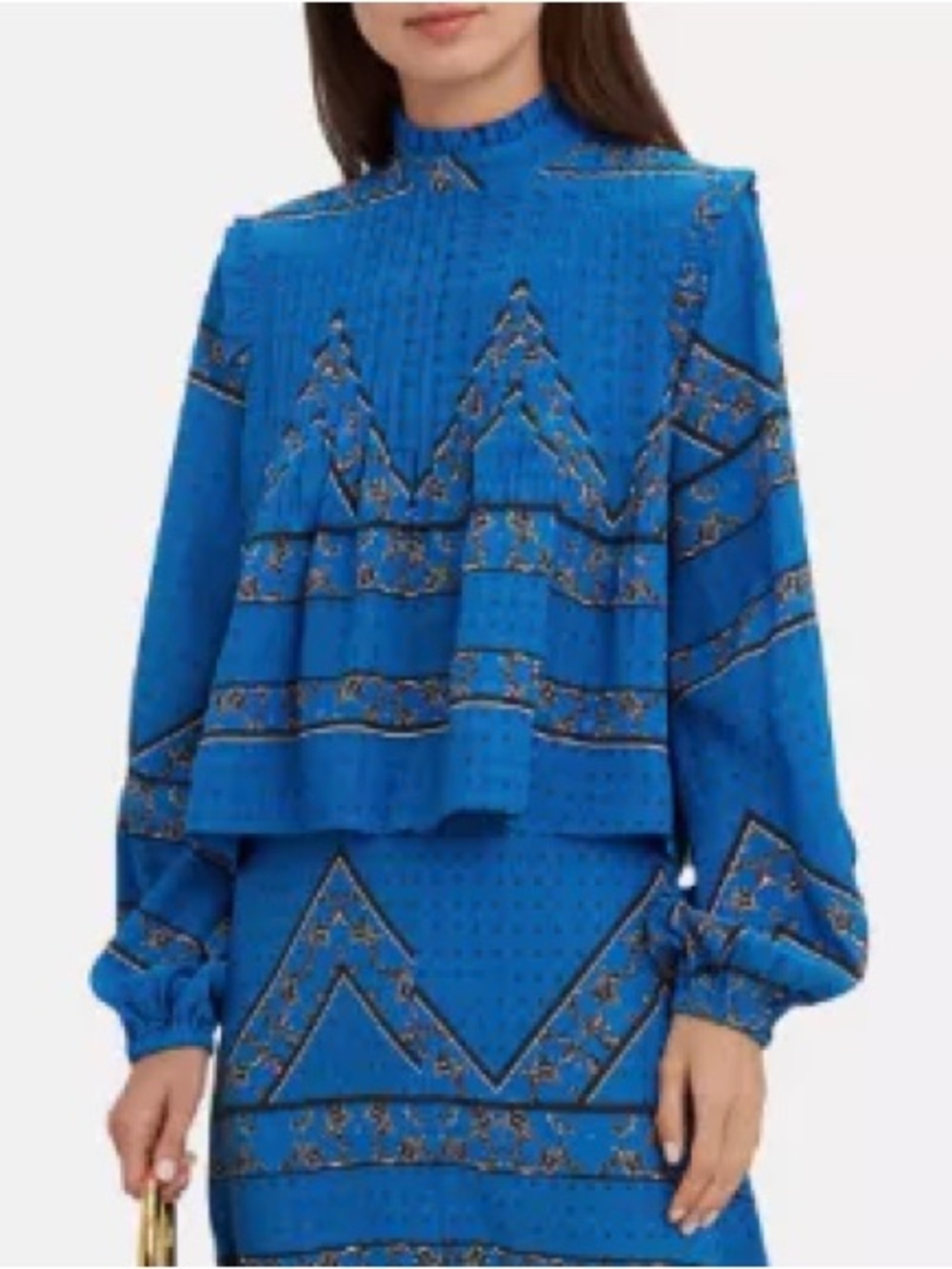 Ganni Blue Cloverdale Pleat Detail Printed Silk Blouse in Lapis Blue